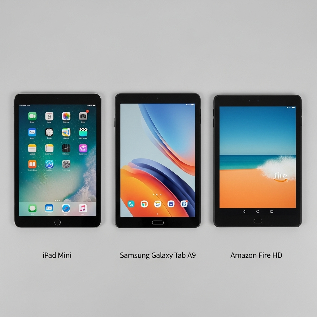 iPad Mini vs Samsung Galaxy Tab A9 vs Amazon Fire HD tablet comparison”